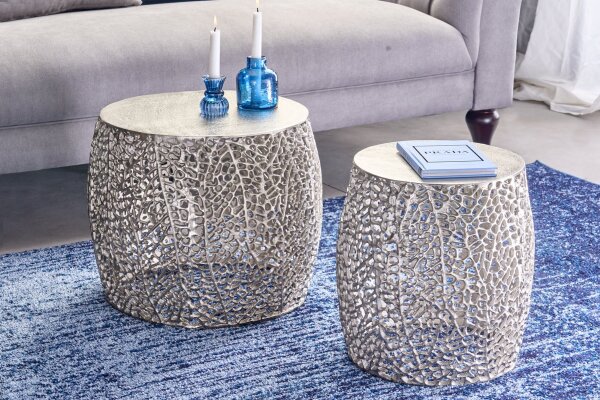 Table basse set de 2 pièces en métal argenté fait main