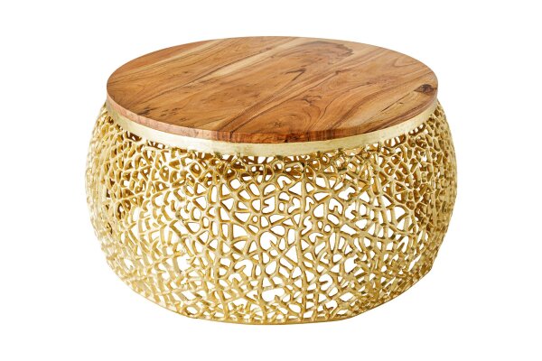 Table basse en bois dacacia métal naturel or 72x72 cm artisanale