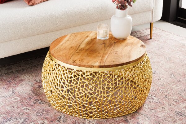 Table basse en bois dacacia métal naturel or 72x72 cm artisanale
