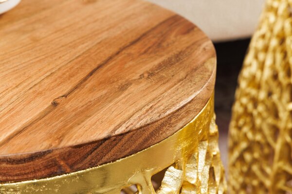 Table basse set de 2 pièces bois métal en or naturel fait main