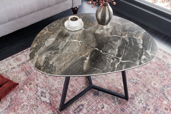 Table basse céramique verre dur métal taupe noir 70x55 cm