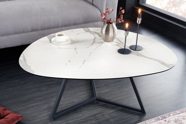 Table basse céramique verre dur métal en blanc noir 90x75 cm
