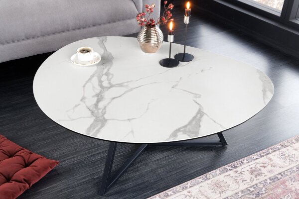 Table basse céramique verre dur métal en blanc noir 90x75 cm