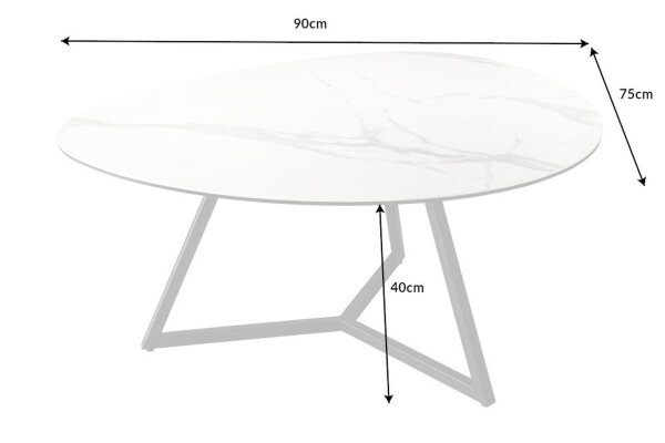 Table basse céramique verre dur métal en blanc noir 90x75 cm
