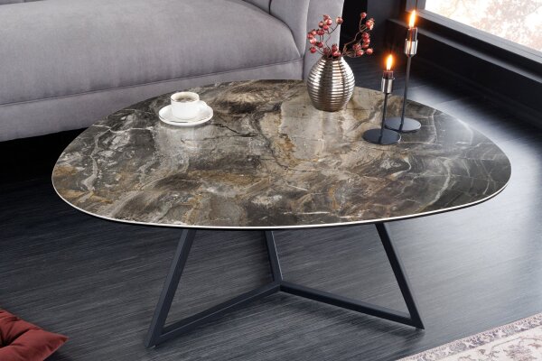 Table basse céramique verre dur métal taupe noir 90x75 cm