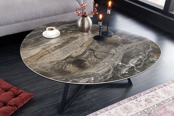 Table basse céramique verre dur métal taupe noir 90x75 cm