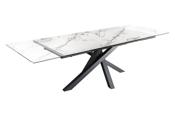 Table de salle à manger extensible céramique verre trempé métal en blanc noir