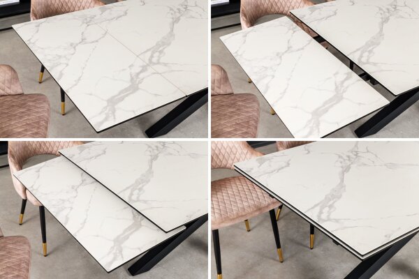 Table de salle à manger extensible céramique verre trempé métal en blanc noir