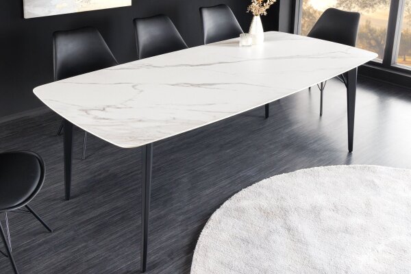 Table de salle à manger céramique métal blanc marbre noir 180x90 cm