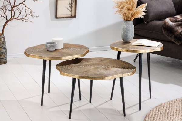 Set de 3 tables basses en métal doré noir fait main