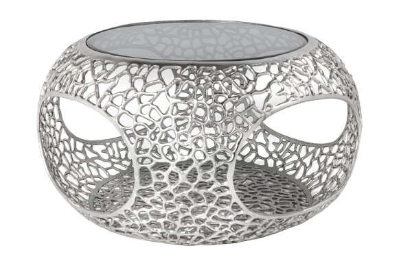 Table basse métal verre trempé argent 74x74 cm artisanale