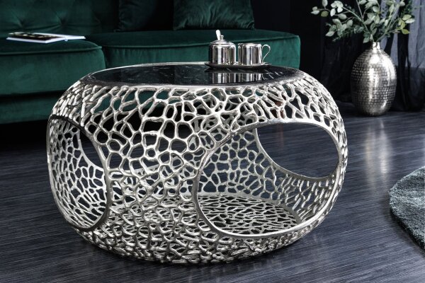 Table basse métal verre trempé argent 74x74 cm artisanale