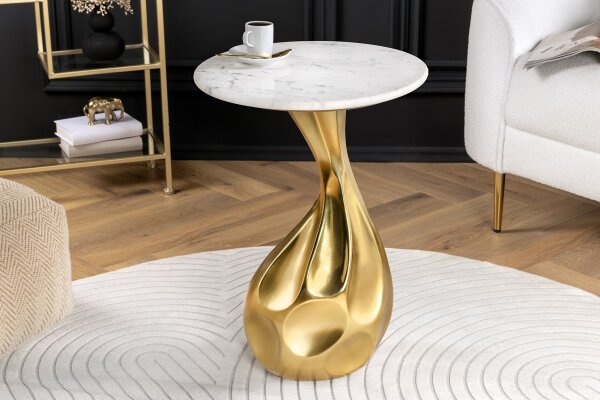 Table dappoint en marbre métal blanc or 36x36 cm artisanale