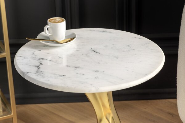 Table dappoint en marbre métal blanc or 36x36 cm artisanale