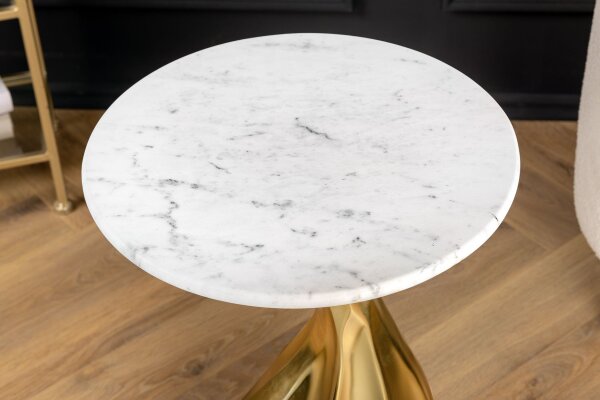 Table dappoint en marbre métal blanc or 36x36 cm artisanale