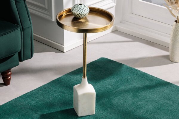 Table dappoint en marbre métal blanc or 30x30 cm artisanale