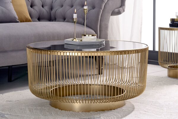 Table basse verre trempé métal or noir Ø 79 cm rond