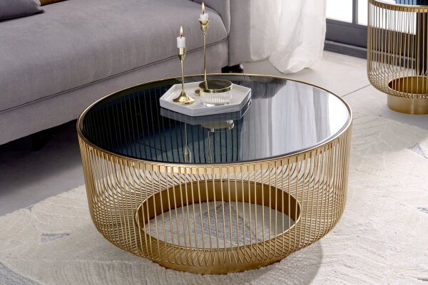 Table basse verre trempé métal or noir Ø 79 cm rond