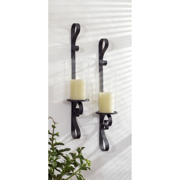Porte-bougies mural Set de 2 H : 56 cm Verre Acier Noir