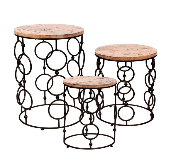 Set de 3 tables dappoint vintage design bois de mangue fer rond