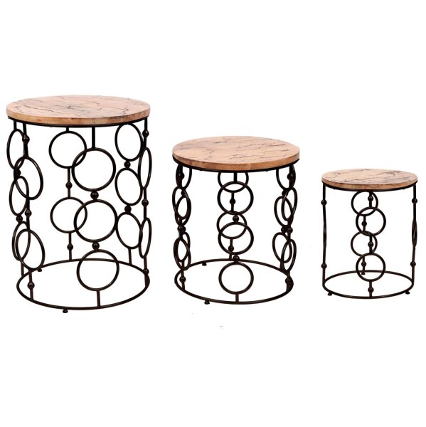 Set de 3 tables dappoint vintage design bois de mangue fer rond