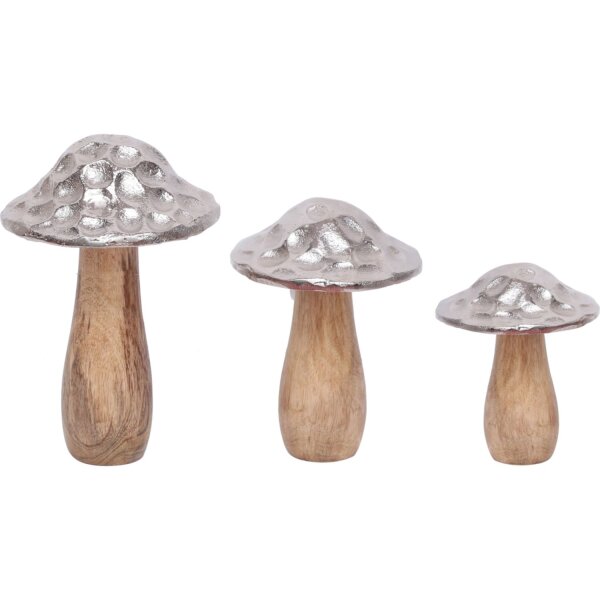 Statues champignons Set de 3 petites décorations Bois de mangue Alu PRESLEY
