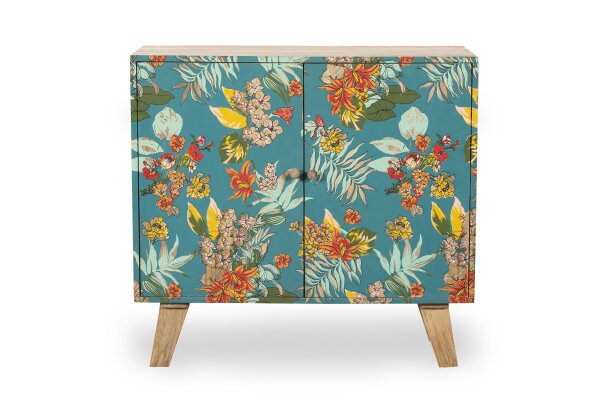 Buffet floral multicolore turquoise en bois de manguier MDF L : 90 cm