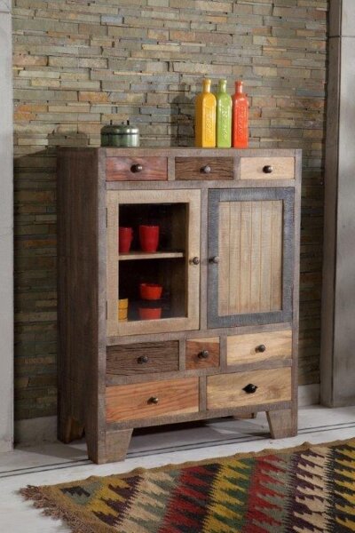 Buffet bois verre hauteur 118 cm gris naturel noir