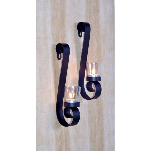 Set de 2 bougeoirs muraux Rustique Noir H : 28cm Acier Verre