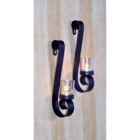 Set de 2 bougeoirs muraux Rustique Noir H : 28cm Acier Verre