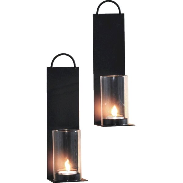 Porte-bougies à réchaud mural Lot de 2 H : 25,5 cm Métal Verre Noir