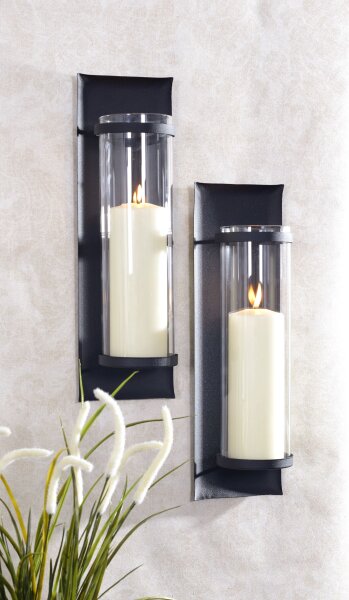 Bougeoir mural Noir Métal Verre H : 41 cm Moderne Lot de 2