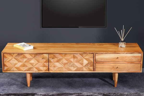 Meuble TV en bois 145 cm fait main 2 tiroirs portes