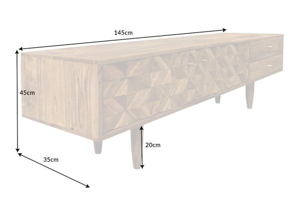 Meuble TV en bois 145 cm fait main 2 tiroirs portes