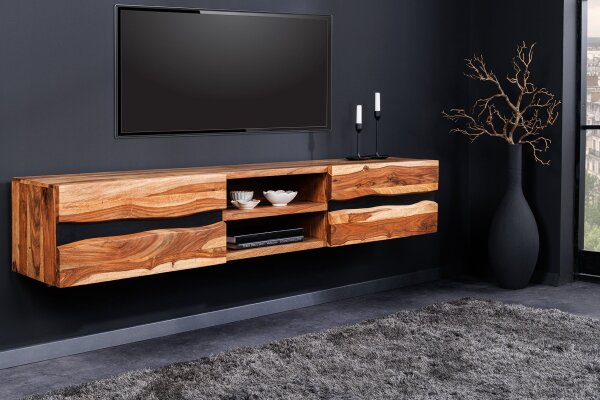 Meuble TV suspendu bois de sheesham métal 160 cm bord darbre