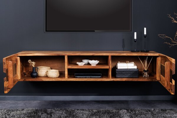 Meuble TV suspendu bois de sheesham métal 160 cm bord darbre