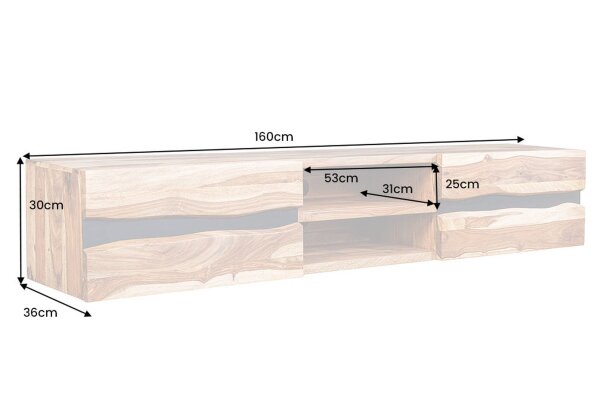 Meuble TV suspendu bois de sheesham métal 160 cm bord darbre