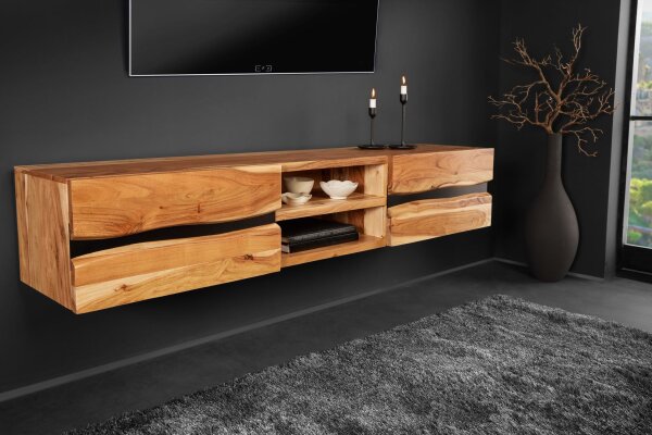 TV Lowboard suspendu en bois dacacia métal 160 cm bord darbre