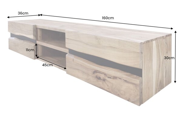 TV Lowboard suspendu en bois dacacia métal 160 cm bord darbre