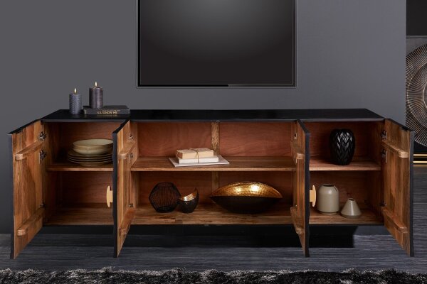 Buffet suspendu noir or 177 cm ornementation artisanale bois