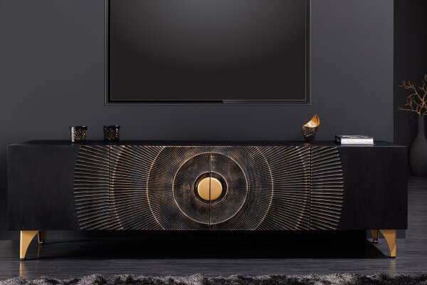 TV Board 180 cm de large Noir Or Travail manuel Bois Métal