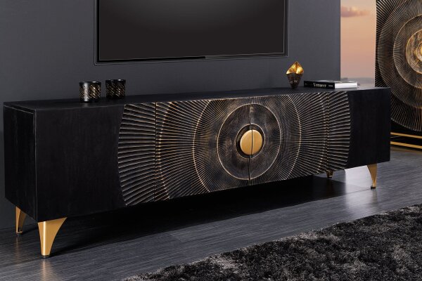 TV Board 180 cm de large Noir Or Travail manuel Bois Métal