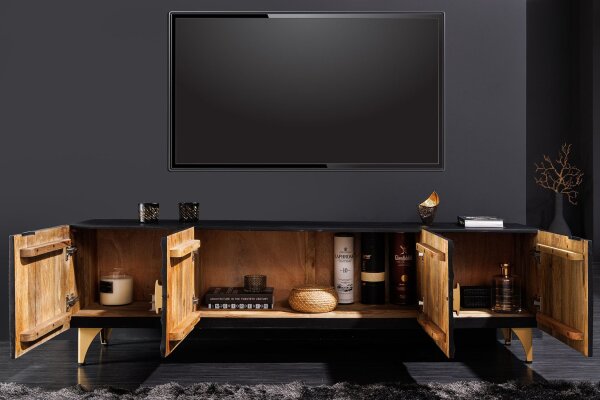 TV Board 180 cm de large Noir Or Travail manuel Bois Métal