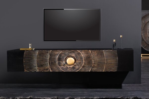 Tableau TV suspendu bois métal 160 cm noir or fait main