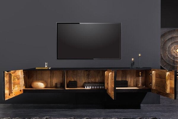 Tableau TV suspendu bois métal 160 cm noir or fait main