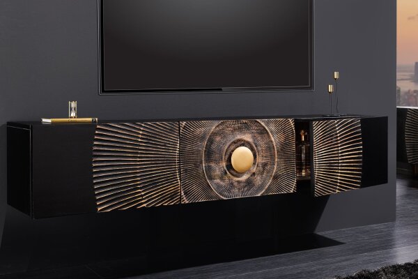 Tableau TV suspendu bois métal 160 cm noir or fait main
