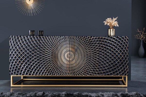 Sideboard noir or 177 x 76 cm ornement portes fait main