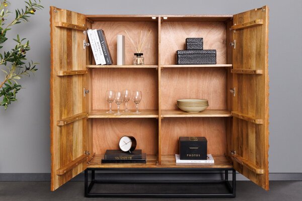 Highboard bois métal 100 x 120 cm en brun noir motif 3D