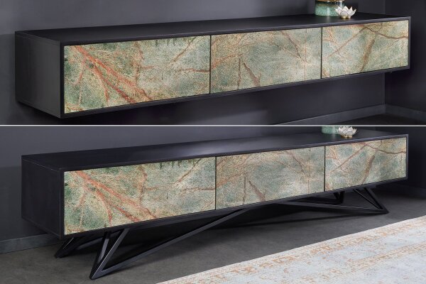 TV Lowboard 200 cm placage de pierre bois dacacia fer pièce unique