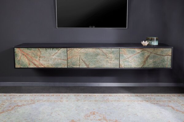 TV Lowboard 200 cm placage de pierre bois dacacia fer pièce unique
